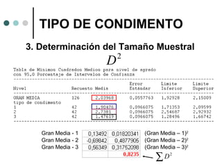 TIPO DE CONDIMENTO
3. Determinación del Tamaño Muestral

D

Gran Media - 1
Gran Media - 2
Gran Media - 3

2

(Gran Media – 1)2
(Gran Media – 2)2
(Gran Media – 3)2

D2
∑

 