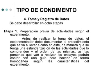 TIPO DE CONDIMENTO
4. Toma y Registro de Datos
Se debe desarrollar en ocho etapas
Etapa 1. Preparación previa de actividades según el
experimento.
Antes de realizar la toma de datos, el
experimentador debe documentar el procedimiento
que se va a llevar a cabo en este, de manera que se
tenga una estandarización de las actividades que lo
comprenden y el orden de las mismas, así las
personas que van a realizar los ensayos podrán
contar con una guía para hacerlo en forma
homogénea
según
las
características
del
experimento.

 