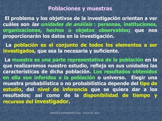 Poblaciones y muestras
El problema y los objetivos de la investigación orientan a ver
cuáles son las unidades de análisis : personas, instituciones,
organizaciones, hechos u objetos observables; que nos
proporcionarán los datos en la investigación.
La población es el conjunto de todos los elementos a ser
investigados, que sea la necesaria y suficiente.
La muestra es una parte representativa de la población en la
que realizaremos nuestro estudio, refleja en sus unidades las
características de dicha población. Los resultados obtenidos
en ella son inferidos a la población o universo. Elegir una
muestra probabilística o no probabilística depende del tipo de
estudio, del nivel de inferencia que se quiera dar a los
resultados; así como de la disponibilidad de tiempo y
recursos del investigador.
DISEÑO EXPERIMENTAL / UNACH/ 2014
 