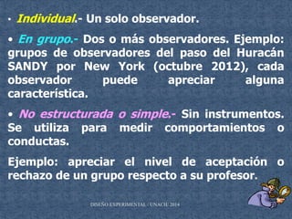 • Individual.- Un solo observador.
• En grupo.- Dos o más observadores. Ejemplo:
grupos de observadores del paso del Huracán
SANDY por New York (octubre 2012), cada
observador puede apreciar alguna
característica.
• No estructurada o simple.- Sin instrumentos.
Se utiliza para medir comportamientos o
conductas.
Ejemplo: apreciar el nivel de aceptación o
rechazo de un grupo respecto a su profesor.
DISEÑO EXPERIMENTAL / UNACH/ 2014
 