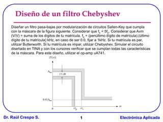 Dr. Raúl Crespo S. Electrónica Aplicada
Diseño de un filtro Chebyshev
1
Diseñar un filtro pasa-bajas por modularización de circuitos Sallen-Key que cumpla
con la máscara de la figura siguiente. Considerar que fs = 5fp. Considerar que Avm
(V/V) = suma de los dígitos de tu matrícula. fp = (penúltimo dígito de matrícula).(último
dígito de tu matrícula) kHz, en caso de ser 0.0, fijar a 1kHz. Si tu matrícula es par,
utilizar Butterworth. Si tu matrícula es impar, utilizar Chebyshev. Simular el circuito
diseñado en TINA y con los cursores verificar que se cumplan todas las características
de la máscara. Para este diseño, utilizar el op-amp uA741.
 