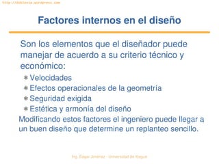   Ing. Édgar Jiménez ∙ Universidad de Ibagué
http://doblevia.wordpress.com
Factores internos en el diseñoFactores internos en el diseño
Son los elementos que el diseñador puede 
manejar de acuerdo a su criterio técnico y 
económico:
✱ Velocidades
✱ Efectos operacionales de la geometría
✱ Seguridad exigida
✱ Estética y armonía del diseño
Modificando estos factores el ingeniero puede llegar a 
un buen diseño que determine un replanteo sencillo.
 
