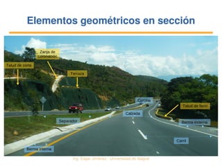   Ing. Édgar Jiménez ∙ Universidad de Ibagué
Elementos geométricos en secciónElementos geométricos en sección
Talud de lleno
Talud de corte
Zanja de
coronación
Terraza
Separador
Corona
Calzada
Carril
Berma externa
Berma interna
 