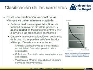 Ing. dgar Jim nez doblevia.wordpress.comÉ é ·
Clasificación de las carreterasClasificación de las carreteras
– Existe una clasificación funcional de las
vías que es universalmente aceptada.
• Se basa en dos conceptos: Movilidad -la
facilidad de moverse sin interrupciones- y
accesibilidad -la facilidad para entrar y salir
a la vía y a las propiedades colindantes-.
• Cada vía favorece una función en detrimento
de la otra. No se pueden satisfacer las dos
al tiempo. De esta manera se tienen:
– Arterias: Máxima movilidad y muy limitada
accesibilidad. Estas vías permiten altas
velocidades.
– Colectoras: Transición entre las arterias y las
vías locales.
– Vías locales: Máxima accesibilidad y limitada
movilidad (baja velocidad).
Fuente: AASHTO, 2001
Aunque esta clasificación funcional es más
utilizada en zonas urbanas es igualmente
aplicable a cualquier grupo de carreteras.
Movilidad
Accesibilidad
Arterias
Colectoras
Locales
 