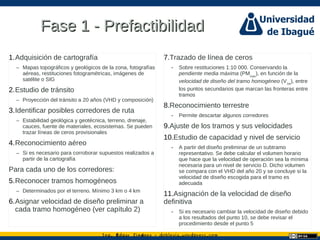 Ing. dgar Jim nez doblevia.wordpress.comÉ é ·
Fase 1 - PrefactibilidadFase 1 - Prefactibilidad
1.Adquisición de cartografía
– Mapas topográficos y geológicos de la zona, fotografías
aéreas, restituciones fotogramétricas, imágenes de
satélite o SIG
2.Estudio de tránsito
– Proyección del tránsito a 20 años (VHD y composición)
3.Identificar posibles corredores de ruta
– Estabilidad geológica y geotécnica, terreno, drenaje,
cauces, fuente de materiales, ecosistemas. Se pueden
trazar líneas de ceros provisionales
4.Reconocimiento aéreo
– Si es necesario para corroborar supuestos realizados a
partir de la cartografía
Para cada uno de los corredores:
5.Reconocer tramos homogéneos
– Determinados por el terreno. Mínimo 3 km o 4 km
6.Asignar velocidad de diseño preliminar a
cada tramo homogéneo (ver capítulo 2)
7.Trazado de línea de ceros
­ Sobre restituciones 1:10 000. Conservando la
pendiente media máxima (PMmáx
), en función de la
velocidad de diseño del tramo homogéneo (VTR
), entre
los puntos secundarios que marcan las fronteras entre
tramos
8.Reconocimiento terrestre
­ Permite descartar algunos corredores
9.Ajuste de los tramos y sus velocidades
10.Estudio de capacidad y nivel de servicio
­ A partir del diseño preliminar de un subtramo
representativo. Se debe calcular el volumen horario
que hace que la velocidad de operación sea la mínima
necesaria para un nivel de servicio D. Dicho volumen
se compara con el VHD del año 20 y se concluye si la
velocidad de diseño escogida para el tramo es
adecuada
11.Asignación de la velocidad de diseño
definitiva
­ Si es necesario cambiar la velocidad de diseño debido
a los resultados del punto 10, se debe revisar el
procedimiento desde el punto 5
 