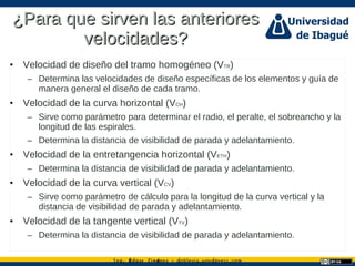 Ing. dgar Jim nez doblevia.wordpress.comÉ é ·
¿Para que sirven las anteriores¿Para que sirven las anteriores
velocidades?velocidades?
• Velocidad de diseño del tramo homogéneo (VTR)
– Determina las velocidades de diseño específicas de los elementos y guía de
manera general el diseño de cada tramo.
• Velocidad de la curva horizontal (VCH)
– Sirve como parámetro para determinar el radio, el peralte, el sobreancho y la
longitud de las espirales.
– Determina la distancia de visibilidad de parada y adelantamiento.
• Velocidad de la entretangencia horizontal (VETH)
– Determina la distancia de visibilidad de parada y adelantamiento.
• Velocidad de la curva vertical (VCV)
– Sirve como parámetro de cálculo para la longitud de la curva vertical y la
distancia de visibilidad de parada y adelantamiento.
• Velocidad de la tangente vertical (VTV)
– Determina la distancia de visibilidad de parada y adelantamiento.
 