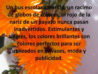 Un bus escolar amarillo, un racimo de globos de colores, el rojo de la nariz de un payaso nunca pasan inadvertidos. Estimulantes y alegres, los colores brillantes son colores perfectos para ser utilizados en envases, moda y publicidad. 