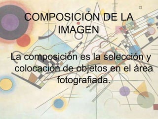 COMPOSICIÓN DE LA IMAGENLa composición es la selección y colocación de objetos en el área fotografiada.
