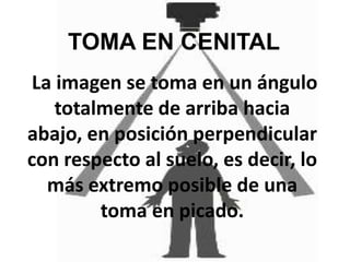 TOMA EN CENITALLa imagen se toma en un ángulo totalmente de arriba hacia abajo, en posición perpendicular con respecto al suelo, es decir, lo más extremo posible de una toma en picado.