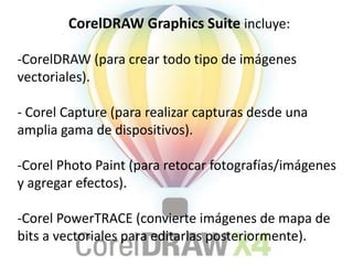 CorelDRAW Graphics Suite incluye:CorelDRAW (para crear todo tipo de imágenes vectoriales).
