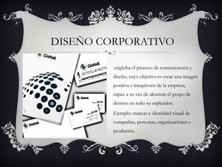  DISEÑO CORPORATIVO

          engloba el proceso de comunicación y
         diseño, cuyo objetivo es crear una imagen
         positiva e inequívoca de la empresa,
         capaz a su vez de alcanzar el grupo de
         destino en todo su esplendor.
         Ejemplo: marcas e identidad visual de
         compañías, personas, organizaciones y
         productos.
 