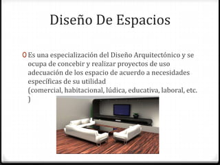Diseño De Espacios

0 Es una especialización del Diseño Arquitectónico y se
 ocupa de concebir y realizar proyectos de uso
 adecuación de los espacio de acuerdo a necesidades
 específicas de su utilidad
 (comercial, habitacional, lúdica, educativa, laboral, etc.
 )
 