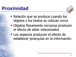Proximidad Relación que se produce cuando los objetos y los textos se colocan cerca Objetos físicamente cercanos producen el efecto de estar relacionados  Los espacios producen el efecto de establecer jerarquías en la información 