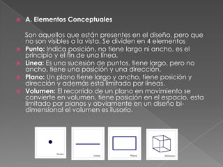A. Elementos Conceptuales     Son aquellos que están presentes en el diseño, pero que no son visibles a la vista. Se dividen en 4 elementosPunto: Indica posición, no tiene largo ni ancho, es el principio y el fin de una línea.Linea: Es una sucesión de puntos, tiene largo, pero no ancho, tiene una posición y una dirección.Plano: Un plano tiene largo y ancho, tiene posición y dirección y además esta limitado por líneas.Volumen: El recorrido de un plano en movimiento se convierte en volumen, tiene posición en el espacio, esta limitado por planos y obviamente en un diseño bi-dimensional el volumen es ilusorio.
