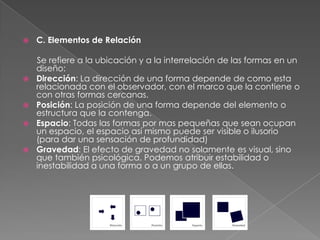 C. Elementos de Relación      Se refiere a la ubicación y a la interrelación de las formas en un diseño:Dirección: La dirección de una forma depende de como esta relacionada con el observador, con el marco que la contiene o con otras formas cercanas.Posición: La posición de una forma depende del elemento o estructura que la contenga.Espacio: Todas las formas por mas pequeñas que sean ocupan un espacio, el espacio así mismo puede ser visible o ilusorio (para dar una sensación de profundidad)Gravedad: El efecto de gravedad no solamente es visual, sino que también psicológica. Podemos atribuir estabilidad o inestabilidad a una forma o a un grupo de ellas.