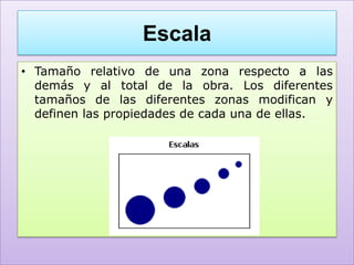 Escala
• Tamaño relativo de una zona respecto a las
  demás y al total de la obra. Los diferentes
  tamaños de las diferentes zonas modifican y
  definen las propiedades de cada una de ellas.
 