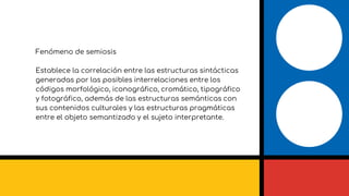 Fenómeno de semiosis
Establece la correlación entre las estructuras sintácticas
generadas por las posibles interrelaciones entre los
códigos morfológico, iconográfico, cromático, tipográfico
y fotográfico, además de las estructuras semánticas con
sus contenidos culturales y las estructuras pragmáticas
entre el objeto semantizado y el sujeto interpretante.
 
