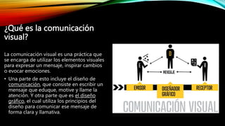 ¿Qué es la comunicación
visual?
La comunicación visual es una práctica que
se encarga de utilizar los elementos visuales
para expresar un mensaje, inspirar cambios
o evocar emociones.
• Una parte de esto incluye el diseño de
comunicación, que consiste en escribir un
mensaje que eduque, motive y llame la
atención. Y otra parte que es el diseño
gráfico, el cual utiliza los principios del
diseño para comunicar ese mensaje de
forma clara y llamativa.
 