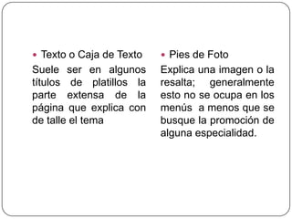  Texto o Caja de Texto    Pies de Foto
Suele ser en algunos      Explica una imagen o la
títulos de platillos la   resalta; generalmente
parte extensa de la       esto no se ocupa en los
página que explica con    menús a menos que se
de talle el tema          busque la promoción de
                          alguna especialidad.
 