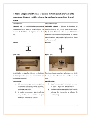 3.- Realice una presentación donde se explique de forma clara la diferencia entre
un atenuador fijo y uno variable, así como el principio de funcionamiento de una T
mágica.
Atenuador fijos Atenuador variable
Atenuador fijo: Este componente es básicamente
una guía de ondas a la que se le ha insertado una
fina capa de dieléctrico a lo largo del plano de la
guía.
Atenuador variable: El principio de operación de
este componente es el mismo que el del atenuador
fijo. La única diferencia radica en que el dieléctrico
está montado sobre una solapa movible, lo que nos
permitirá ajustar la atenuación variando dicha solapa
de forma manual.
Símbolo: Símbolo:
Forma real: Forma real:
Son utilizados en aquellos sistemas en donde los
niveles de potencias son considerablemente bajos
usualmente receptores.
Son requeridos en aquellas aplicaciones en donde
los niveles de potencias son considerablemente
altos.
Característica:
1. Esta constituidos por elementos pasivos
usualmente: resistores, puentes resistivos,
bobinas y capacitores.
2. Se pueden emplear para la protección de
componentes muy sensibles o para
desacoplar partes de un circuito
Características:
1. Los elementos que lo constituye al menos
un activo o dispositivo semiconductor.
2. provee un tipo simple de control de nivel de
potencia de microondas a aislación de
fuente y carga.
 