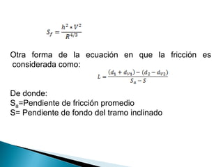 Otra forma de la ecuación en que la fricción es
considerada como:
De donde:
Sa=Pendiente de fricción promedio
S= Pendiente de fondo del tramo inclinado
 
