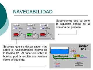 NAVEGABILIDAD
Supongamos que se tiene
lo siguiente dentro de la
ventana del proceso
Suponga que se desea saber más
sobre el funcionamiento interno de
la Bomba #2. Al hacer clic sobre la
bomba, podría resultar una ventana
como la siguiente:
 