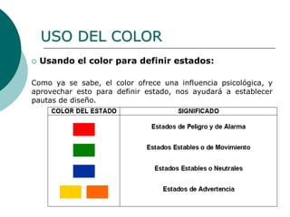  Usando el color para definir estados:
Como ya se sabe, el color ofrece una influencia psicológica, y
aprovechar esto para definir estado, nos ayudará a establecer
pautas de diseño.
USO DEL COLOR
 