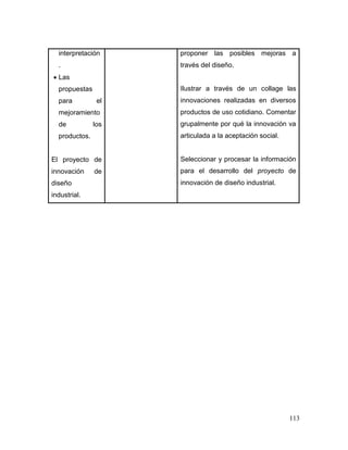 113 
interpretación. 
 Las propuestas para el mejoramiento de los productos. 
El proyecto de innovación de diseño industrial. 
proponer las posibles mejoras a través del diseño. 
Ilustrar a través de un collage las innovaciones realizadas en diversos productos de uso cotidiano. Comentar grupalmente por qué la innovación va articulada a la aceptación social. 
Seleccionar y procesar la información para el desarrollo del proyecto de innovación de diseño industrial. 
 