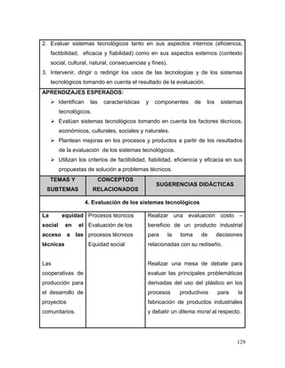 129 
2. Evaluar sistemas tecnológicos tanto en sus aspectos internos (eficiencia, factibilidad, eficacia y fiabilidad) como en sus aspectos externos (contexto social, cultural, natural, consecuencias y fines). 
3. Intervenir, dirigir o redirigir los usos de las tecnologías y de los sistemas tecnológicos tomando en cuenta el resultado de la evaluación. 
APRENDIZAJES ESPERADOS: 
 Identifican las características y componentes de los sistemas tecnológicos. 
 Evalúan sistemas tecnológicos tomando en cuenta los factores técnicos, económicos, culturales, sociales y naturales. 
 Plantean mejoras en los procesos y productos a partir de los resultados de la evaluación de los sistemas tecnológicos. 
 Utilizan los criterios de factibilidad, fiabilidad, eficiencia y eficacia en sus propuestas de solución a problemas técnicos. TEMAS Y SUBTEMAS CONCEPTOS RELACIONADOS SUGERENCIAS DIDÁCTICAS 
4. Evaluación de los sistemas tecnológicos 
La equidad social en el acceso a las técnicas 
Las cooperativas de producción para el desarrollo de proyectos comunitarios. 
Procesos técnicos 
Evaluación de los 
procesos técnicos 
Equidad social 
Realizar una evaluación costo – beneficio de un producto industrial para la toma de decisiones relacionadas con su rediseño. 
Realizar una mesa de debate para evaluar las principales problemáticas derivadas del uso del plástico en los procesos productivos para la fabricación de productos industriales y debatir un dilema moral al respecto. 
 