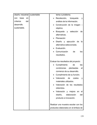 139 
diseño industrial con base en criterios del desarrollo sustentable. 
sustentable 
tema o problema. 
 Recolección, búsqueda y análisis de la información. 
 Construcción de la imagen – objetivo. 
 Búsqueda y selección de alternativas. 
 Planeación 
 Diseño y ejecución de la alternativa seleccionada. 
 Evaluación. 
 Comunicación de los resultados. 
Evaluar los resultados del proyecto: 
 Cumplimiento de las condiciones planteadas al comienzo de su desarrollo. 
 Cumplimiento de su función. 
 Valoración de costos y materiales utilizados. 
 Valoración de los resultados obtenidos. 
 Valoración y mejora en el diseño, elaboración del producto e innovación. 
Realizar una muestra escolar con los productos elaborados en el énfasis de  