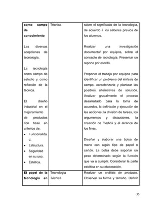 35 
como campo de conocimiento 
Las diversas acepciones de tecnología. 
La tecnología como campo de estudio y como reflexión de la técnica. 
El diseño industrial en el mejoramiento de productos con base en criterios de: 
 Funcionalidad. 
 Estructura. 
 Seguridad en su uso. 
 Estética. 
Técnica 
sobre el significado de la tecnología, de acuerdo a los saberes previos de los alumnos. 
Realizar una investigación documental por equipos, sobre el concepto de tecnología. Presentar un reporte por escrito. 
Proponer el trabajo por equipos para identificar un problema del énfasis de campo, caracterizarlo y plantear las posibles alternativas de solución. Analizar grupalmente el proceso desarrollado para la toma de acuerdos, la definición y ejecución de las acciones, la división de tareas, los argumentos y discusiones, la creación de medios y el alcance de los fines. 
Diseñar y elaborar una bolsa de mano con algún tipo de papel o cartón. La bolsa debe soportar un peso determinado según la función que va a cumplir. Considerar la parte estética en su elaboración. 
El papel de la tecnología en 
Tecnología 
Técnica 
Realizar un análisis de producto. Observar su forma y tamaño. Definir  
