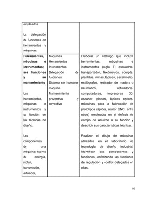 40 
empleados. 
La delegación de funciones en herramientas y máquinas. 
Herramientas, máquinas e instrumentos: sus funciones y su mantenimiento 
Las herramientas, máquinas e instrumentos y su función en las técnicas de diseño. 
Los componentes de una máquina: fuente de energía, motor, transmisión, actuador, 
Máquinas 
Herramientas 
Instrumentos 
Delegación de funciones 
Sistema ser humano- máquina 
Mantenimiento preventivo y correctivo 
Elaborar un catálogo que incluya herramientas, máquinas e instrumentos (regla T, escuadras, transportador, flexómetros, compás, plantillas, minas, lápices, escalímetro, estilógrafos, restirador de madera o neumático, rotuladores, computadoras, impresoras 3D, escáner, plotters, lápices ópticos, máquinas para la fabricación de prototipos rápidos, router CNC, entre otros) empleados en el énfasis de campo de acuerdo a su función y describir sus características técnicas. 
Realizar el dibujo de máquinas utilizadas en el laboratorio de tecnología de diseño industrial. Identificar sus componentes y funciones, enfatizando las funciones de regulación y control delegadas en ellas. 
 