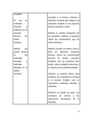 51 
modelado. 
El uso de materiales naturales y sintéticos en los procesos técnicos del diseño industrial. 
Historia del cambio técnico en los materiales naturales y artificiales utilizados en el diseño industrial. 
Consultar a un herrero, artesano o diseñador industrial para indagar qué materiales emplean en los procesos técnicos que llevan a cabo. 
Realizar un análisis comparativo de los materiales sintéticos y naturales. Ubicar las características que los hacen diferentes. 
Realizar pruebas de textura visual o táctil de diferentes productos técnicos. Anotar las características técnicas de dureza, suavidad, ductilidad, tipo de superficie (lisa, pulida, rugosa, aristada), entre otras y su relación con el material empleado. 
Construir un producto técnico para satisfacer una necesidad en el hogar o la escuela. Emplear para su manufactura materiales naturales y artificiales. 
Proponer un estudio de caso: Los nanotubos de carbono y las aplicaciones tecnológicas de la baquelita.  