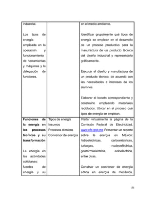 54 
industrial. 
Los tipos de energía empleada en la operación y funcionamiento de herramientas y máquinas y la delegación de funciones. 
en el medio ambiente. 
Identificar grupalmente qué tipos de energía se emplean en el desarrollo de un proceso productivo para la manufactura de un producto técnico del diseño industrial y representarlo gráficamente. 
Ejecutar el diseño y manufactura de un producto técnico, de acuerdo con las necesidades e intereses de los alumnos. 
Elaborar el boceto correspondiente y construirlo empleando materiales reciclados. Ubicar en el proceso qué tipos de energía se emplean. 
Funciones de la energía en los procesos técnicos y su transformación 
La energía en las actividades cotidianas: fuentes de energía y su 
Tipos de energía 
Insumos 
Procesos técnicos 
Conversor de energía 
Visitar virtualmente la página de la Comisión Federal de Electricidad. www.cfe.gob.mx Presentar un reporte sobre la energía en México: hidroeléctricas, carboeléctricas, turbogas, nucleoeléctrica, geotermoeléctrica, eoloeléctrica, entre otras. 
Construir un conversor de energía eólica en energía de mecánica.  