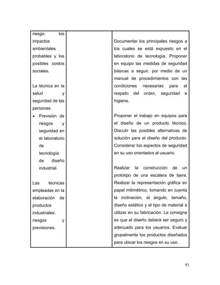 91 
riesgo: los impactos ambientales probables y los posibles costos sociales. 
La técnica en la salud y seguridad de las personas: 
 Previsión de riesgos y seguridad en el laboratorio de tecnología de diseño industrial. 
Las técnicas empleadas en la elaboración de productos industriales: riesgos y previsiones. 
Documentar los principales riesgos a los cuales se está expuesto en el laboratorio de tecnología. Proponer en equipo las medidas de seguridad básicas a seguir, por medio de un manual de procedimientos con las condiciones necesarias para el respeto del orden, seguridad e higiene. 
Proponer el trabajo en equipos para el diseño de un producto técnico. Discutir las posibles alternativas de solución para el diseño del producto. Considerar los aspectos de seguridad en su uso orientados al usuario. 
Realizar la construcción de un prototipo de una escalera de tijera. Realizar la representación gráfica en papel milimétrico, tomando en cuenta la inclinación, el ángulo, tamaño, diseño estético y el tipo de material a utilizar en su fabricación. La consigna es que el diseño deberá ser seguro y adecuado para los usuarios. Evaluar grupalmente los productos diseñados para ubicar los riesgos en su uso.  