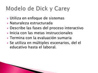 Utiliza en enfoque de sistemasNaturaleza estructuradaDescribe las fases del proceso interactivoInicia con las metas instruccionalesTermina con la evaluación sumariaSe utiliza en múltiples escenarios, del el educativo hasta el laboral.Modelo de Dick y Carey