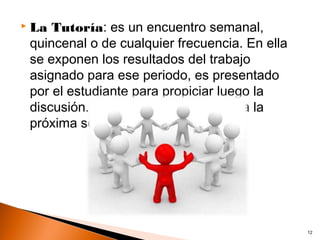    La Tutoría: es un encuentro semanal,
    quincenal o de cualquier frecuencia. En ella
    se exponen los resultados del trabajo
    asignado para ese periodo, es presentado
    por el estudiante para propiciar luego la
    discusión. Se acuerda el trabajo para la
    próxima sesión.




                                                   12
 