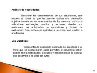 Análisis de necesidades:

         Describen las características de sus estudiantes, este
modelo es ideal, ya que les permite realizar una planeación
objetiva basada en los antecedentes de los alumnos, así como
seleccionar estrategias, medios y recursos, diseñar sus
materiales, las actividades de aprendizaje y formas de
evaluación. Este modelo es aplicable a un curso, una unidad o
una lección.


Los Objetivos:

          Representan la exposición ordenada del propósito o la
 meta que se desea lograr, estos permiten al estudiante saber
 cuales son la habilidades, actitudes y conocimientos se espera
 que desarrolle a lo largo del curso.




                                                                  26
 