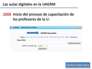 Las aulas digitales en la UAGRM
Antecedentes
2006 Inicio del proceso de capacitación de
los profesores de la U.
 
