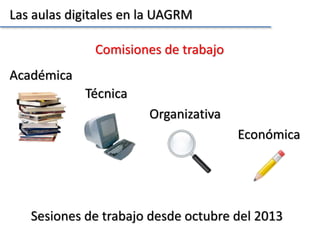 Las aulas digitales en la UAGRM
Comisiones de trabajo
Académica
Técnica
Organizativa
Económica
Sesiones de trabajo desde octubre del 2013
 