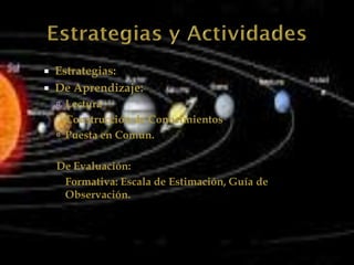    Estrategias:
   De Aprendizaje:
     Lectura
     Construcción de Conocimientos
     Puesta en Común.


    De Evaluación:
     Formativa: Escala de Estimación, Guía de
     Observación.
 