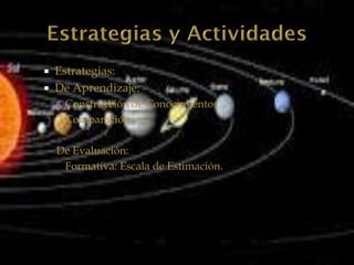    Estrategias:
   De Aprendizaje:
     Construcción de Conocimientos
     Comparación


    De Evaluación:
     Formativa: Escala de Estimación.
 