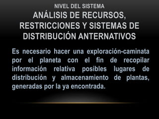 NIVEL DEL SISTEMA
ANÁLISIS DE RECURSOS,
RESTRICCIONES Y SISTEMAS DE
DISTRIBUCIÓN ANTERNATIVOS
 