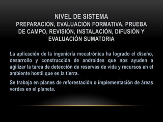NIVEL DE SISTEMA
PREPARACIÓN, EVALUACIÓN FORMATIVA, PRUEBA
DE CAMPO, REVISIÓN, INSTALACIÓN, DIFUSIÓN Y
EVALUACIÓN SUMATORIA
 
