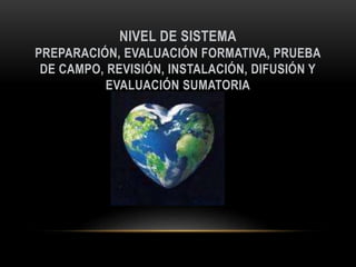 NIVEL DE SISTEMA
PREPARACIÓN, EVALUACIÓN FORMATIVA, PRUEBA
DE CAMPO, REVISIÓN, INSTALACIÓN, DIFUSIÓN Y
EVALUACIÓN SUMATORIA
 