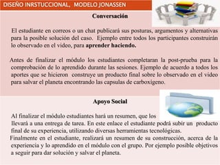 Conversación
El estudiante en correos o un chat publicará sus posturas, argumentos y alternativas
para la posible solución del caso. Ejemplo entre todos los participantes construirán
lo observado en el video, para aprender haciendo.
Antes de finalizar el módulo los estudiantes completaran la post-prueba para la
comprobación de lo aprendido durante las sesiones. Ejemplo de acuerdo a todos los
aportes que se hicieron construye un producto final sobre lo observado en el video
para salvar el planeta encontrando las capsulas de carboxígeno.
Apoyo Social
Al finalizar el módulo estudiantes hará un resumen, que los
llevará a una entrega de tarea. En este enlace el estudiante podrá subir un producto
final de su experiencia, utilizando diversas herramientas tecnológicas.
Finalmente en el estudiante, realizará un resumen de su construcción, acerca de la
experiencia y lo aprendido en el módulo con el grupo. Por ejemplo posible objetivos
a seguir para dar solución y salvar el planeta.
DISEÑO INRSTUCCIONAL, MODELO JONASSEN
 