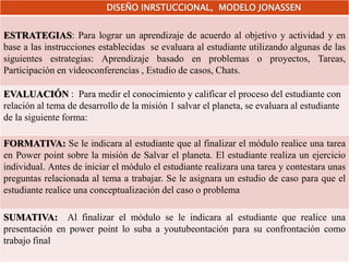 ESTRATEGIAS: Para lograr un aprendizaje de acuerdo al objetivo y actividad y en
base a las instrucciones establecidas se evaluara al estudiante utilizando algunas de las
siguientes estrategias: Aprendizaje basado en problemas o proyectos, Tareas,
Participación en videoconferencias , Estudio de casos, Chats.
EVALUACIÓN : Para medir el conocimiento y calificar el proceso del estudiante con
relación al tema de desarrollo de la misión 1 salvar el planeta, se evaluara al estudiante
de la siguiente forma:
FORMATIVA: Se le indicara al estudiante que al finalizar el módulo realice una tarea
en Power point sobre la misión de Salvar el planeta. El estudiante realiza un ejercicio
individual. Antes de iniciar el módulo el estudiante realizara una tarea y contestara unas
preguntas relacionada al tema a trabajar. Se le asignara un estudio de caso para que el
estudiante realice una conceptualización del caso o problema
SUMATIVA: Al finalizar el módulo se le indicara al estudiante que realice una
presentación en power point lo suba a youtubeontación para su confrontación como
trabajo final
DISEÑO INRSTUCCIONAL, MODELO JONASSEN
 