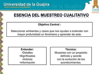 Objetivo Central : 
Seleccionar ambientes y casos que nos ayuden a entender con 
mayor profundidad un fenómeno y aprender de este. 
Entender: 
•Detalles 
•Significados 
•Actores 
•Información 
Técnica: 
Muestreo con un propósito 
definido y acorde 
con la evolución de los 
acontecimientos. 
 
