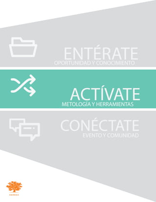 ENTÉRATE
ACTÍVATE
CONÉCTATE
OPORTUNIDAD Y CONOCIMIENTO
METOLOGÍA Y HERRAMIENTAS
EVENTO Y COMUNIDAD
 
