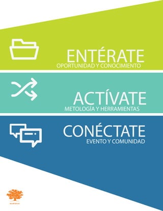 ENTÉRATE
ACTÍVATE
CONÉCTATE
OPORTUNIDAD Y CONOCIMIENTO
METOLOGÍA Y HERRAMIENTAS
EVENTO Y COMUNIDAD
 